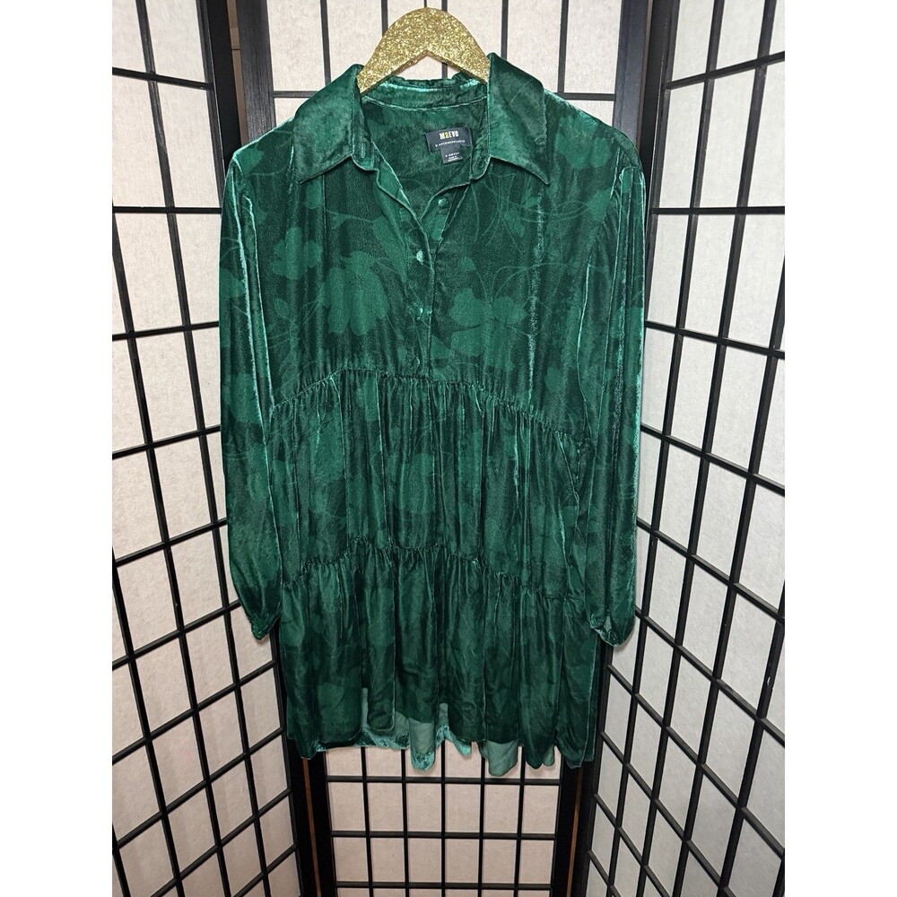 Anthropologie Maeve Bettina Tiered Mini Shirt Dress XS Green Velvet‎ Floral - Picture 5 of 9